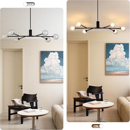 Modern Black Sputnik Island Light, 6-Light Glass Linear Chandelier for Dining Room, 46'' Ceiling Pendant Light Fixture with Globe Lampshade, Large Hanging Lamp Over Table, Bar, G9 Base