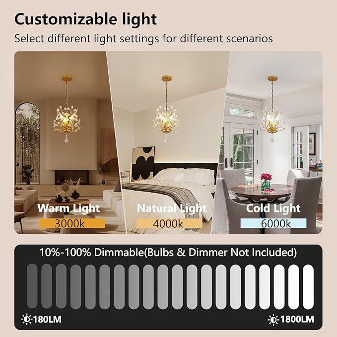 Small Gold Crystal Chandelier, Farmhouse 3-Light Branch Crystal Pendant Light with 47.2'' Adjustable Chain, Vintage 13.8'' Ceiling Hanging Light Fixture for Dining Room, Kitchen, Entryway