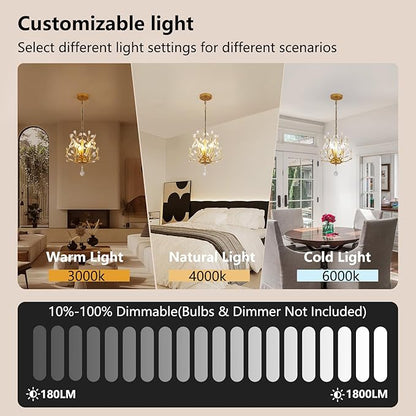 Small Gold Crystal Chandelier, Farmhouse 3-Light Branch Crystal Pendant Light with 47.2'' Adjustable Chain, Vintage 13.8'' Ceiling Hanging Light Fixture for Dining Room, Kitchen, Entryway