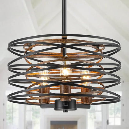 Bargeni Chandelier,13 Inch Dining Room Light Fixture,Matte Black Finish with Wood-Like Interior,Adjustable Height Farmhouse Chandelier for Kitchen Island,Bedroom,Living Room,Foyer
