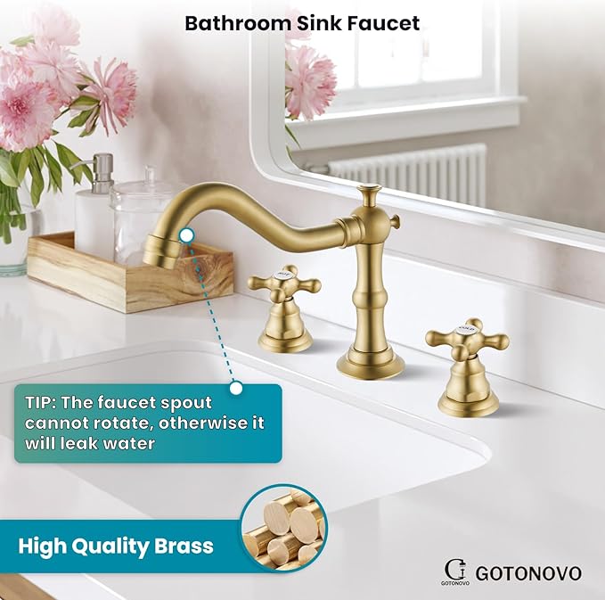 gotonovo Bathroom Faucet 3 Hole 8 Inch Widespread Bathroom Sink Faucet 2 Cross Handles Vintage Lavatory Vanity Mixer Tap with Pop Up Drain, HOT Cold Label, Brushed Gold