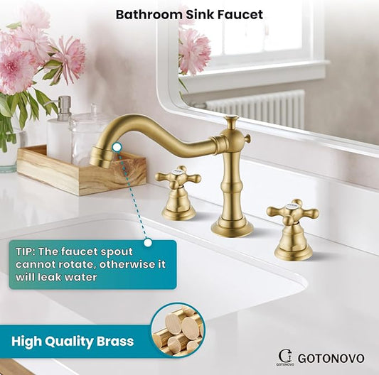 gotonovo Bathroom Faucet 3 Hole 8 Inch Widespread Bathroom Sink Faucet 2 Cross Handles Vintage Lavatory Vanity Mixer Tap with Pop Up Drain, HOT Cold Label, Brushed Gold