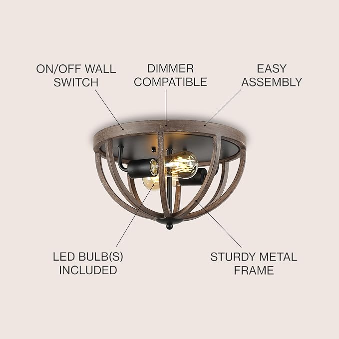 JONATHAN Y 13" Brown Oil Rubbed Bronze 2-Light Iron Flush Mount, Rustic Farmhouse Ceiling Light, Barnwood Metal Fixture for Kitchen Hallway, UL Listed, LED Bulbs Included JYL7479A