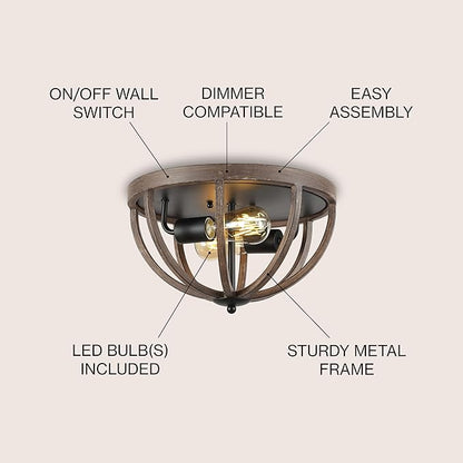 JONATHAN Y 13" Brown Oil Rubbed Bronze 2-Light Iron Flush Mount, Rustic Farmhouse Ceiling Light, Barnwood Metal Fixture for Kitchen Hallway, UL Listed, LED Bulbs Included JYL7479A