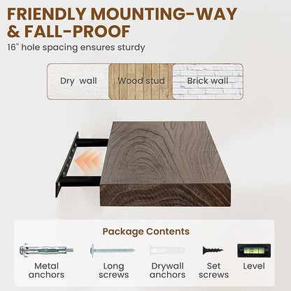 Fun Memories Wood Floating Shelves 40 Inch Long, Solid Elm Wood Wall Shelves Set of 1 for Kitchen, Living Room, Bedroom, Wall-Mounted Rustic Wooden Bathroom Shelf Storage Shelf for Farmhouse, Walnut
