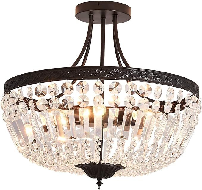 YYJLX 5-Light E12 Round Crystal Ceiling Light Fixture Modern Semi Flush Mount Chandelier Ceiling Lamp for Living Room Dining Room Entryway Hallway Foyer Bedroom Laundry Bathroom（Black）