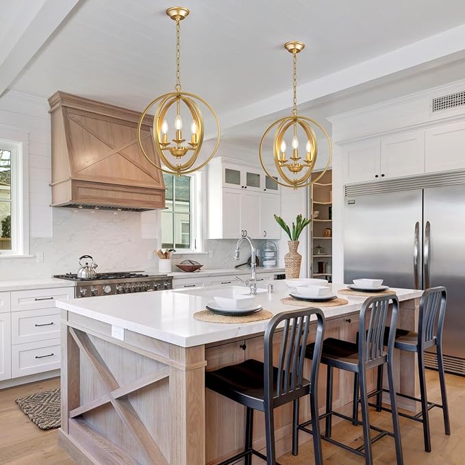 3-Light Modern Gold Pendant Lights, Farmhouse Dining Room Light Fixtures Industrial Chandelier, Metal Geometric Kitchen Island for Entryway Hallway Foyer Bedroom