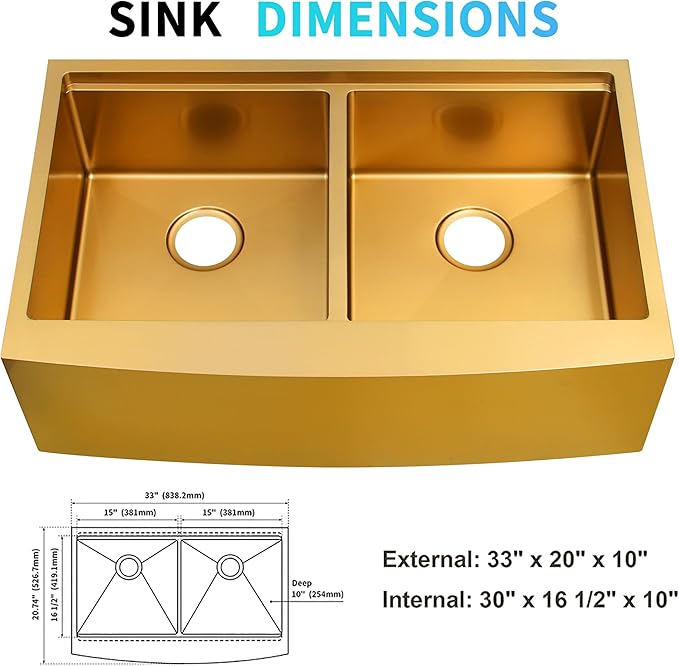 Gold Double Farmhouse kitchen Sink,16-Gauge SUS304 Stainless Steel Farm Sinks, 50/50 Apron Front Features Workstaion Sink With Accessories,33''×20''×10" Large and Deep Double Kitchen Sinks