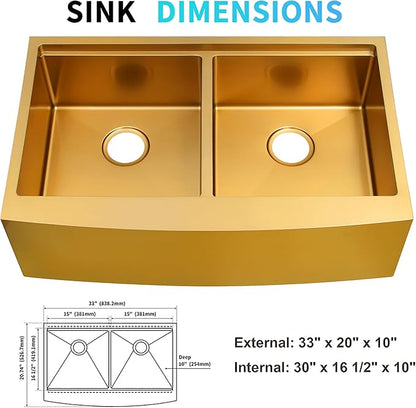 Gold Double Farmhouse kitchen Sink,16-Gauge SUS304 Stainless Steel Farm Sinks, 50/50 Apron Front Features Workstaion Sink With Accessories,33''×20''×10" Large and Deep Double Kitchen Sinks