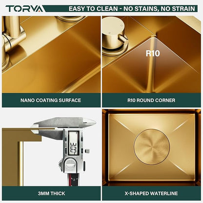 TORVA Gold RV Sink, 15x18x9 Inch Drop-in Bar Sink, 16 Gauge Stainless Steel Single Bowl Kitchen Sink with Nano Coating, Durable & Rustproof RV Sink for Camper Van and Motorhome