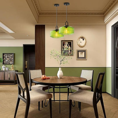 Glass Pendant Light fixtures Kitchen Island Modern Black Pendant Lights with Hand Blown Glass Shade 1-Light Adjustable Cord Ceiling Hanging Lighting for Dining Room Table Bar Sink (Green)