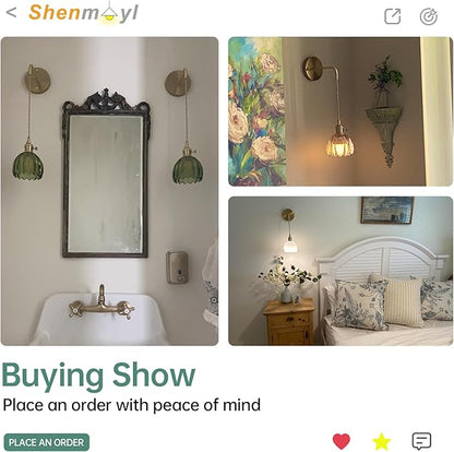 Shenmoyl Vintage Wall Sconce Wall Lamp Green Tulip Shade Pattern Glass Adjustable Chain Retro Gold Wall Mounted Light, Wall Lamp Fixtures Decor for Bedside Bedroom Indoor Doorway