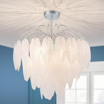 LumFurn D21inch Glass Chandeliers, 8-Light Modern Pendant Light Fixture for Dining Room, Living Room, D21 x H24~54" Adjustable Height, Frosted Feather-Shaped Glass Shade & Silver Finish Frame