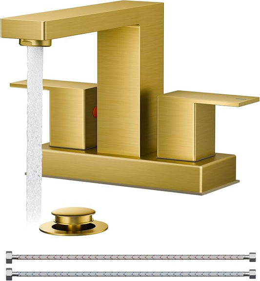 QFN 4 Inch Centerset Bathroom Faucets, Brushed Gold 2 or 3 Hole Square Bathroom Sink Faucet with Pop-Up Drain and cUPC Supply Line, 2 Handles Suitable for Bath Sink, Vanity, Hotel, Restroom, Mall