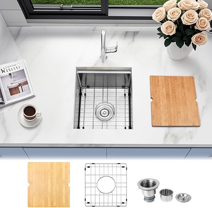 15 Inch Sink Undermount, 16 Gauge 304 Stainless Steel Workstaion Kitchen Sinks with Ledge & Accessories, 15" x 17" x10" Deep Bowl For Outdoor, RV,Prep Sink, and Wet Bar