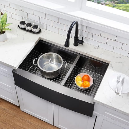 SHACO Double Bowl 60/40 Black Farmhouse Sink, 33x22 Inch Stainless Steel Apron Front Divided Double Basin Farmhouse Kitchen Sink, Gunmetal Black Farm Workstation Sink