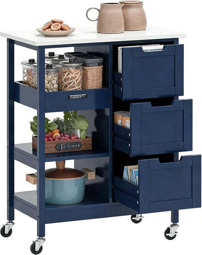 DWVO Solid Wood Top Rolling Kitchen Island Cart, 3 Tier Mobile Kitchen Storage Island Cart with 3 Drawers and 3 Opening Storage Shelves for Kitchen & Dining Area, Navy Blue