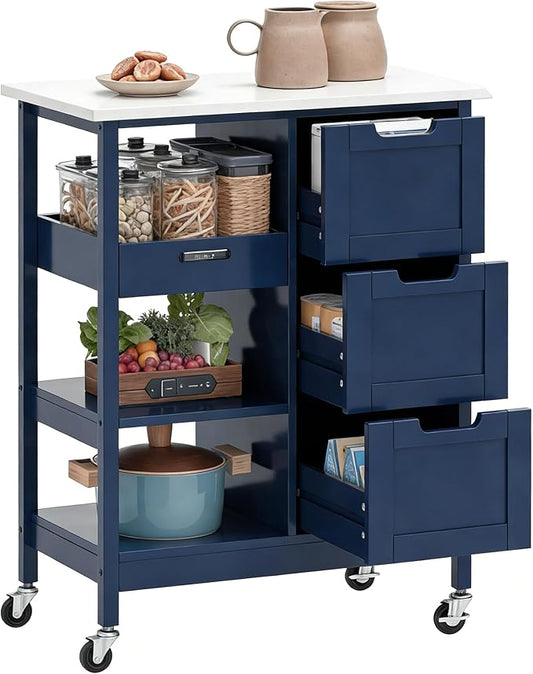 DWVO Solid Wood Top Rolling Kitchen Island Cart, 3 Tier Mobile Kitchen Storage Island Cart with 3 Drawers and 3 Opening Storage Shelves for Kitchen & Dining Area, Navy Blue