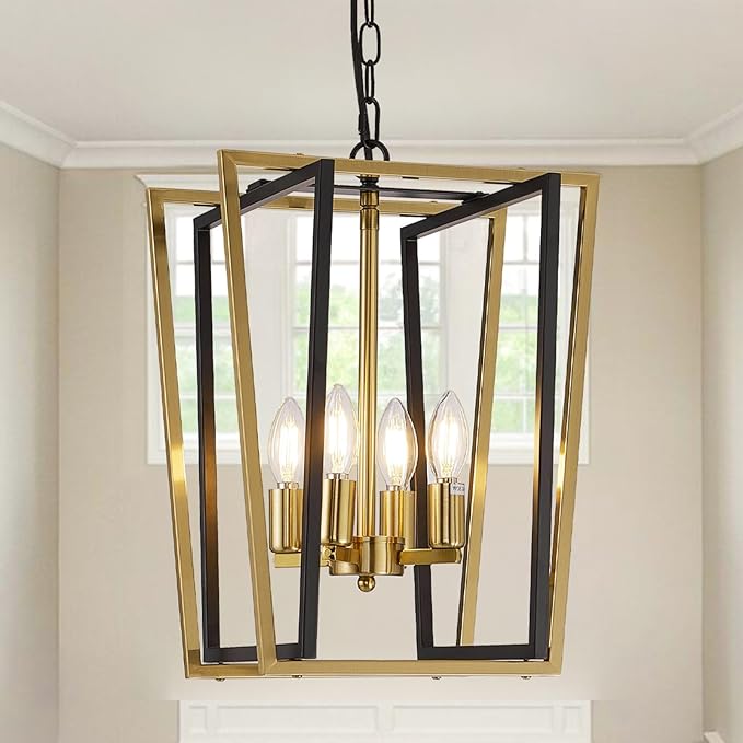 WJShome Industrial 4 Lights Chandelier, Black and Gold Lantern Ceiling Light Fixtures, Adjustable Height Farmhouse Geometric Hanging Light for Kitchen Island, Dining Room, Entryway