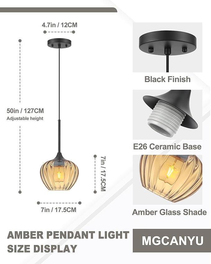 2-Pack Amber Pendant Lights for Kitchen Island, 7" Vintage Glass Pendant Lighting Mini Light Fixtures Adjustable Hanging Light for Kitchen, Dining Room, Bar, Bathroom