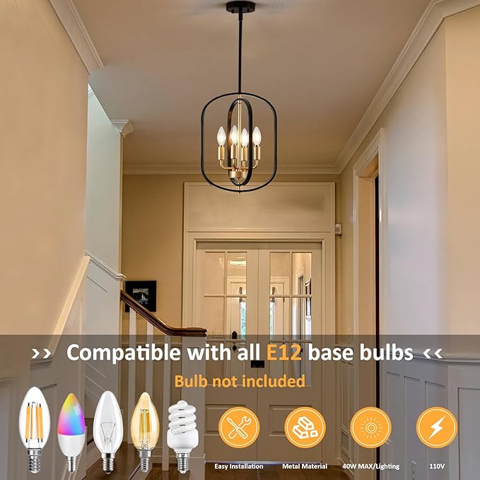 Black and Gold Chandelier for Dining Room Light Fixture, Chandelier for Entryway Light Fixture Foyer Lighting Fixtures Adjustable Modern Farmhouse Chandelier for Living Room Pendant Lights Kitchen