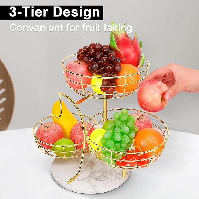 Livabber Fruit Basket Bowl with Banana Hanger, Metal Fruit Vegetable Storage Basket with Banana Holder for Kitchen Counter, Detachable Organizer for Bread Snack Produce (Gold, 3-Tier Marble Base)