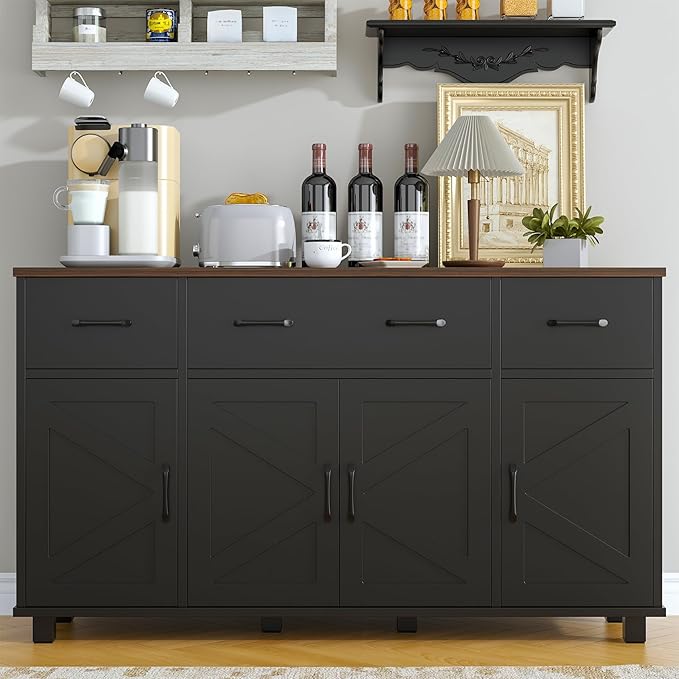 VVFLU 55" Sideboard Buffet Cabinet with Storage, Coffee Bar Cabinet with 3 Drawers and 4 Barn Doors, Long Storage Cabinet Modern Farmhouse, Black Wood, for Kitchen, Dining Room, Living Room