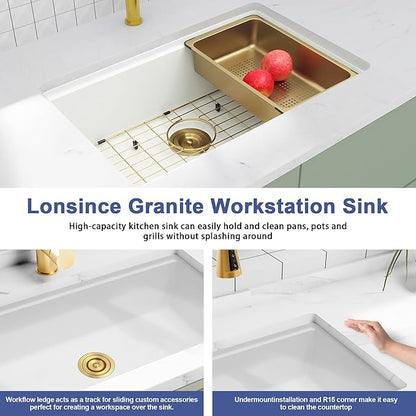 White Undermount Kitchen Sink 28 X 18 inch,Granite Composite Kitchen Sink Undermount/Drop In,Large Single Bowl Workstation Kitchen Sinks (White, 28" X 18")