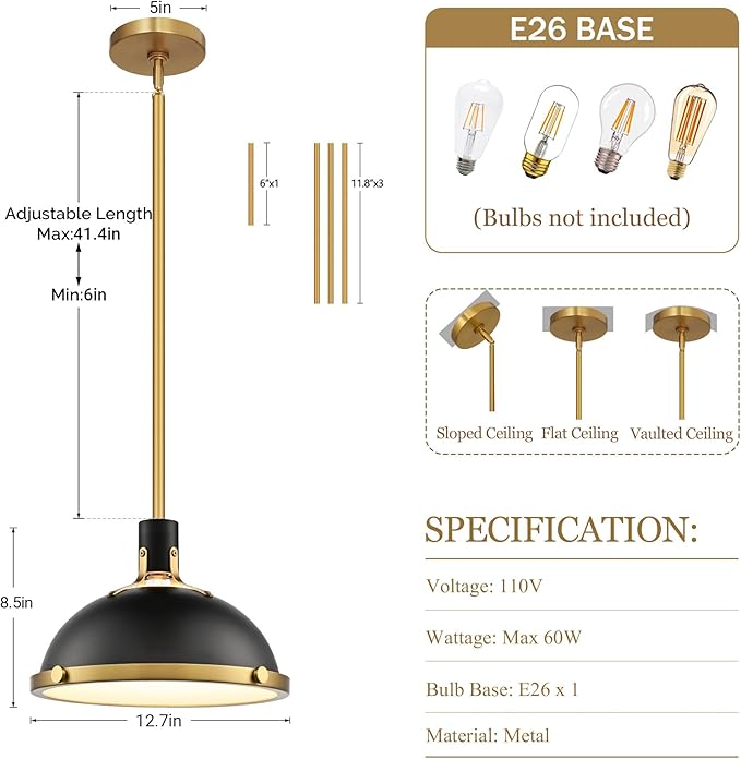 12.7 Inch Black and Gold Modern Pendant Lights, Industrial Dome Kitchen Island Pendant Lighting, 1-Light Small Ceiling Hanging Light Fixture with Opal Glass Diffuser, Over Sink Table Bar Hall