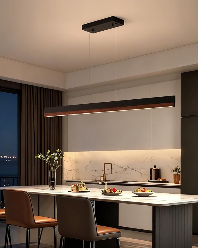 43" Wood Linear Pendant Light, 24W LED Dimmable Kitchen Hanging Lights, Pendant Lights Kitchen Island with Remote, Linear Chandelier for Dining Room, Kitchen Island, Bar, Pool Table-Walnut