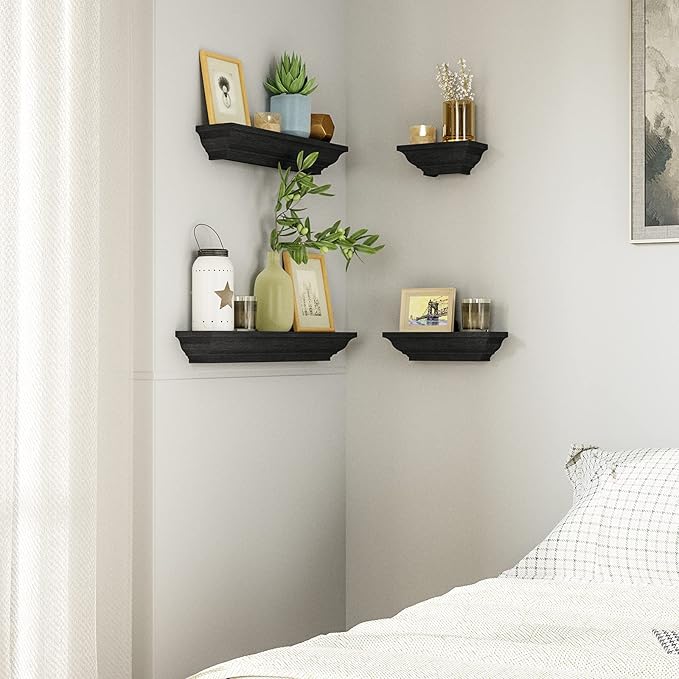 SRIWATANA Black Floating Shelves, Solid Wood Storage Wall Shelves Set of 4 Display Ledge Shelves Decor for Bedroom, Living Room, Bathroom, Kitchen - Black