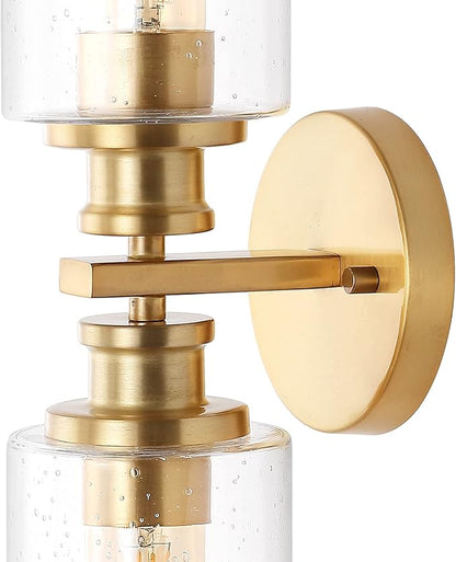 JONATHAN Y 16.5" Brass Gold 2-Light LED Wall Sconce, Modern Farmhouse Vanity Light with Seeded Glass Shade, Industrial Iron Fixture for Bathroom Mirror, LED Bulbs Included (JYL7577E)