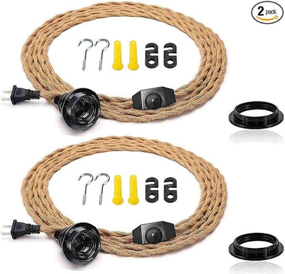 [2Pack 15FT]Pendant Light Cord Kit with Dimmer Switch,Twisted Hemp Rope Vintage Plug in Hanging Lighting,Industrial Lamp Socket Set E26,Extension Hanging Lantern Cable for Farmhouse,Retro DIY Projects