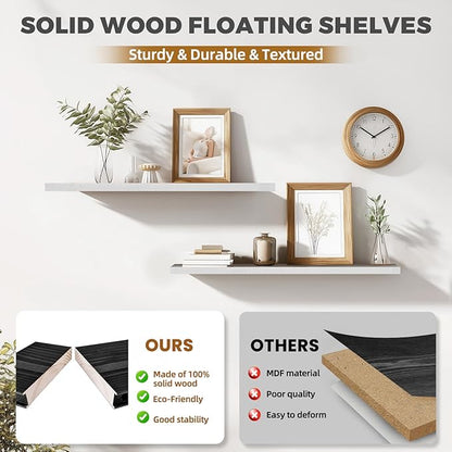 36"x6.8"x1.2" Solid Wood Floating Shelves 2-Pack - Rustic White Finish with Hidden Brackets, Perfect for Storage and Décor in Living Room, Kitchen, Bedroom