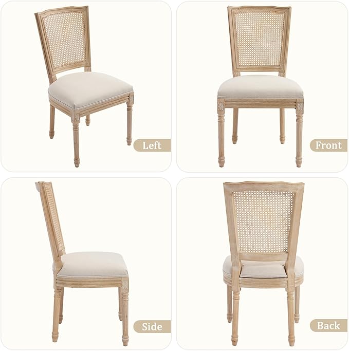 Farmhouse Vintage Dining Chairs Set of 6, Linen Fabric Dining Chairs with Square Rattan Backrest, Kitchen & Dining Room Chairs for Restaurant/Living Room (Beige-Rattan, Set of 6)