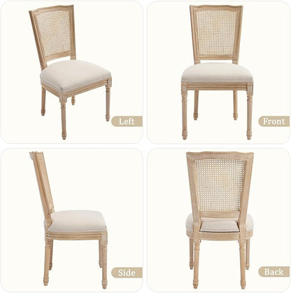 Farmhouse Vintage Dining Chairs Set of 6, Linen Fabric Dining Chairs with Square Rattan Backrest, Kitchen & Dining Room Chairs for Restaurant/Living Room (Beige-Rattan, Set of 6)