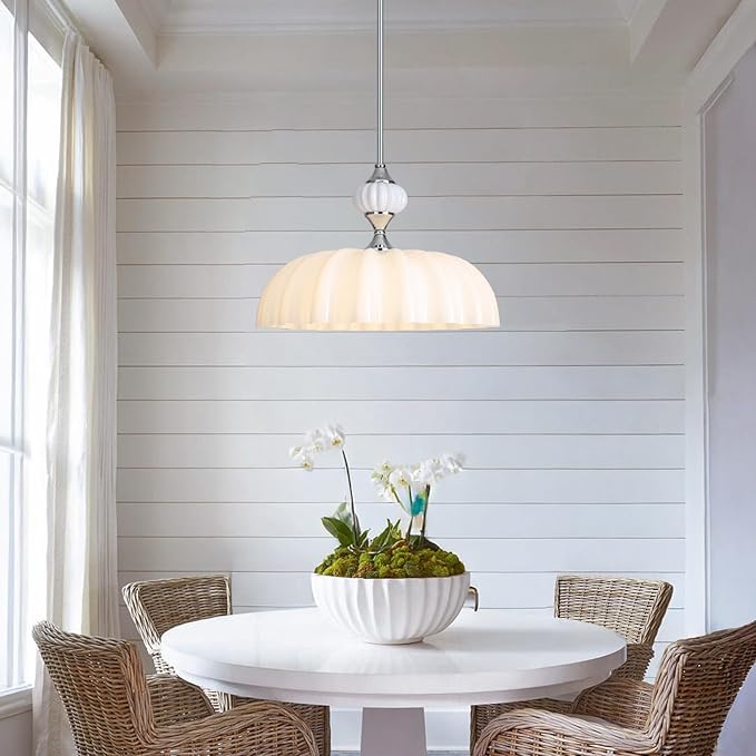 15.7 Inch Vintage Flower Brushed Nickel Chandelier, Adjustable Height Pendant Light with White Milk Glass Shades, Farmhouse Ceiling Light Fixture for Kitchen Island, Dining Room, Bedroom