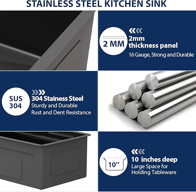 Lordear 33 Inch Gunmetal Black Kitchen Sink With Waterfall Faucet Undermount Kitchen Sinks Workstation Stainless Steel T304 16 Gauge Single Bowl NANO-PVD Handmade Under Counter 33x17x10 Inch