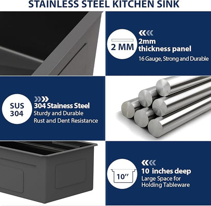 Lordear 33 Inch Gunmetal Black Kitchen Sink With Waterfall Faucet Undermount Kitchen Sinks Workstation Stainless Steel T304 16 Gauge Single Bowl NANO-PVD Handmade Under Counter 33x17x10 Inch