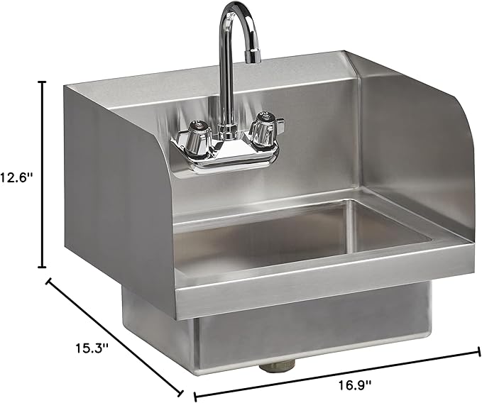 Rockpoint 304 Stainless Steel Handmake Sink for Washing with Faucet and Side Splash, Commercial Wall Mount Hand Basin for Restaurant, Kitchen and Home, 17 x 15 Inches, Silver