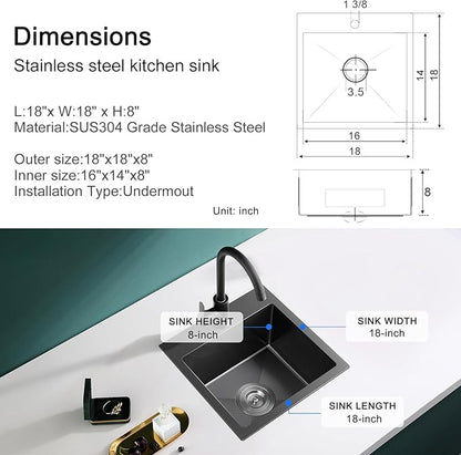 MENATT 18" x 18" Single Bowl Drop In Kitchen Sink, 18 Gauge 304 Stainless Steel Handmade Bar Sink Single Faucet Hole Topmount Kitchen Sink,Black