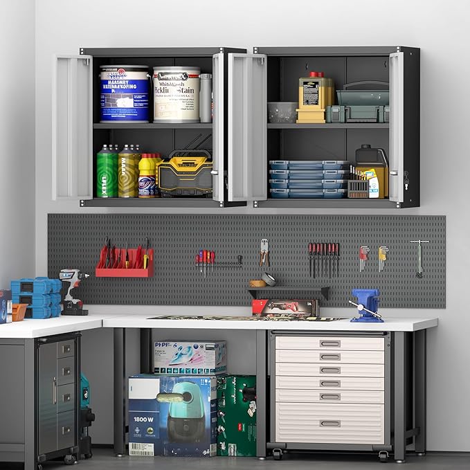 Metal Wall Mounted Garage Cabinets, Heavy Duty Steel Locking Cabinet with Doors & 2 Keys, Garage Storage Cabinet with Adjustable Floating Shelf for Shop, Utility Room, Office, Black & Grey