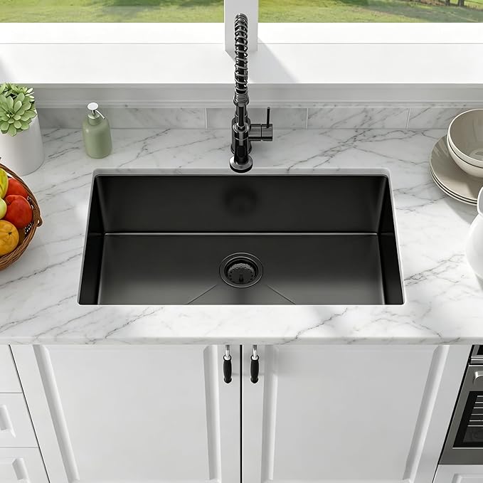 30 Inch Black Undermount Kitchen Sink - Oumuch 30x18 Undermount Stainless Steel Sink T304 18 Gauge kitchen Sinks Single Bowl Handmade Basin Under the Counter, 9" Deep