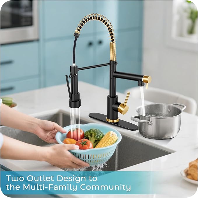 Kitchen Faucet with Pull Down Sprayer - Black & Brushed Gold Single Handle Commercial Kitchen Faucets, 2-Spout Kitchen Sink Faucet, Stainless Steel Spring Pull Out Sink Faucet 1/3 Hole