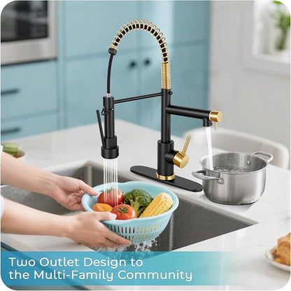 Kitchen Faucet with Pull Down Sprayer - Black & Brushed Gold Single Handle Commercial Kitchen Faucets, 2-Spout Kitchen Sink Faucet, Stainless Steel Spring Pull Out Sink Faucet 1/3 Hole