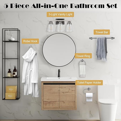 Brushed Nickel 3 Light Vanity Light Set with Hardware - 5 Piece Bathroom Accessories Set