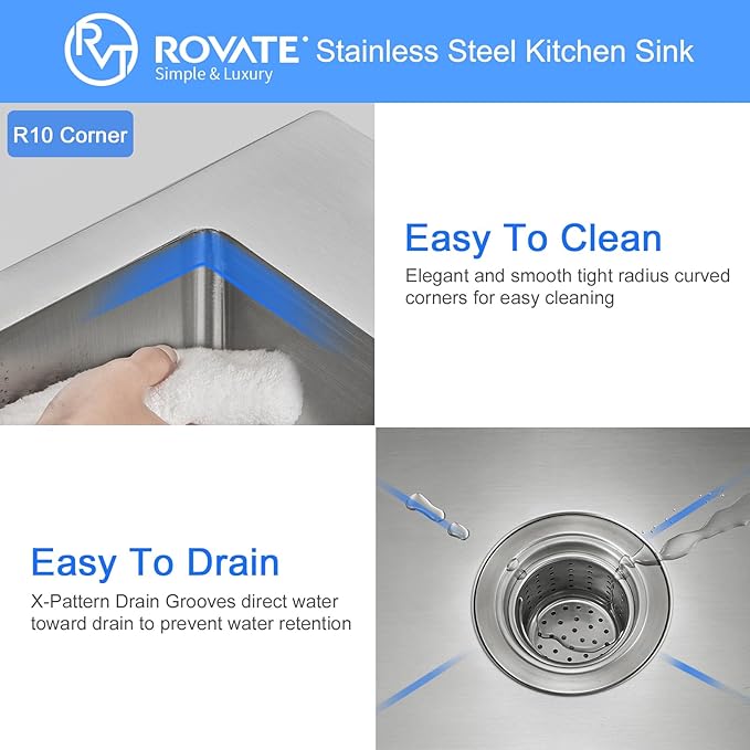 ROVATE 15 x 15 x 8 inch Drop in Bar Sink, Small Top-mount Kitchen Sink Single Bowl, Overmount Handmade 304 Stainless Steel Bar Sinks with Basket Strainer