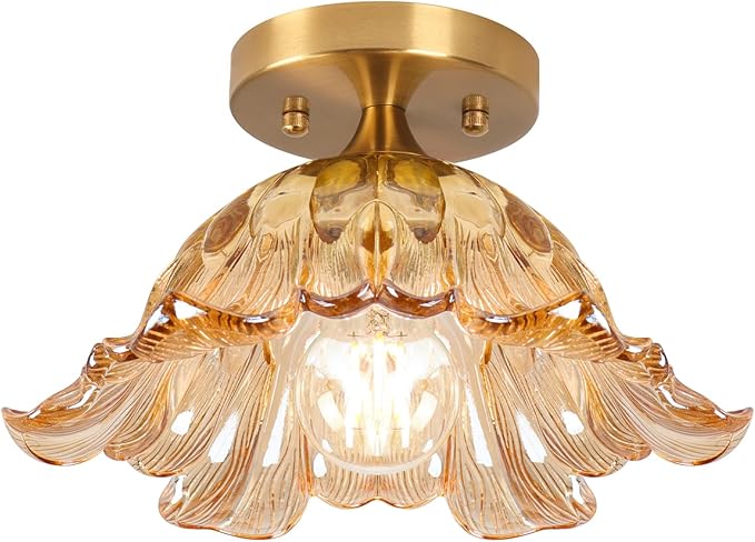 Semi Flush Mount Ceiling Light,Vintage Lights Fixture Ceiling Amber Shade Glass， E26 Ceiling Light Fixtures for Closet Kitchen Bedroom, Bulb Included