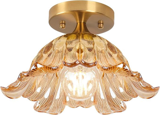 Semi Flush Mount Ceiling Light,Vintage Lights Fixture Ceiling Amber Shade Glass， E26 Ceiling Light Fixtures for Closet Kitchen Bedroom, Bulb Included