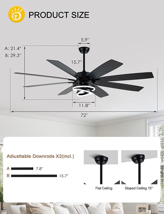 Black 72 Inch Ceiling Fans with Lights and Remote Reversible Quiet DC Motor 6 Speed LED Big Large Modern Chandelier Ceiling Fans for Living Room Bedroom
